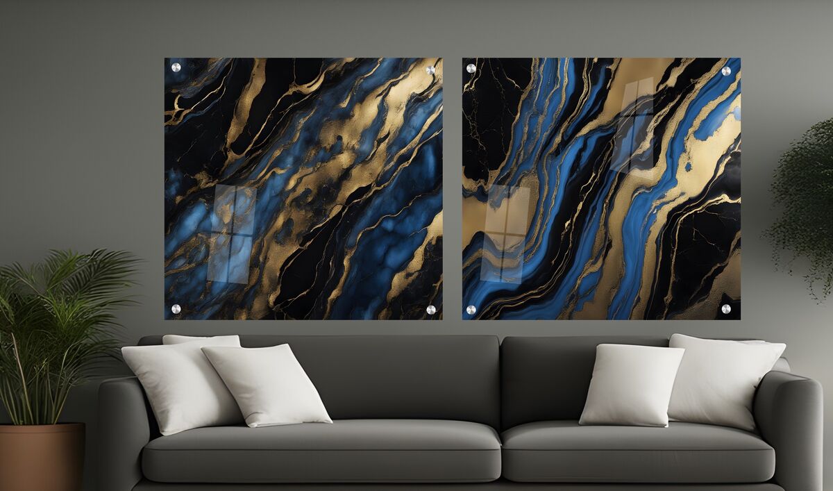 סט 2 תמונות זכוכית - שיש מטאלי מבריק