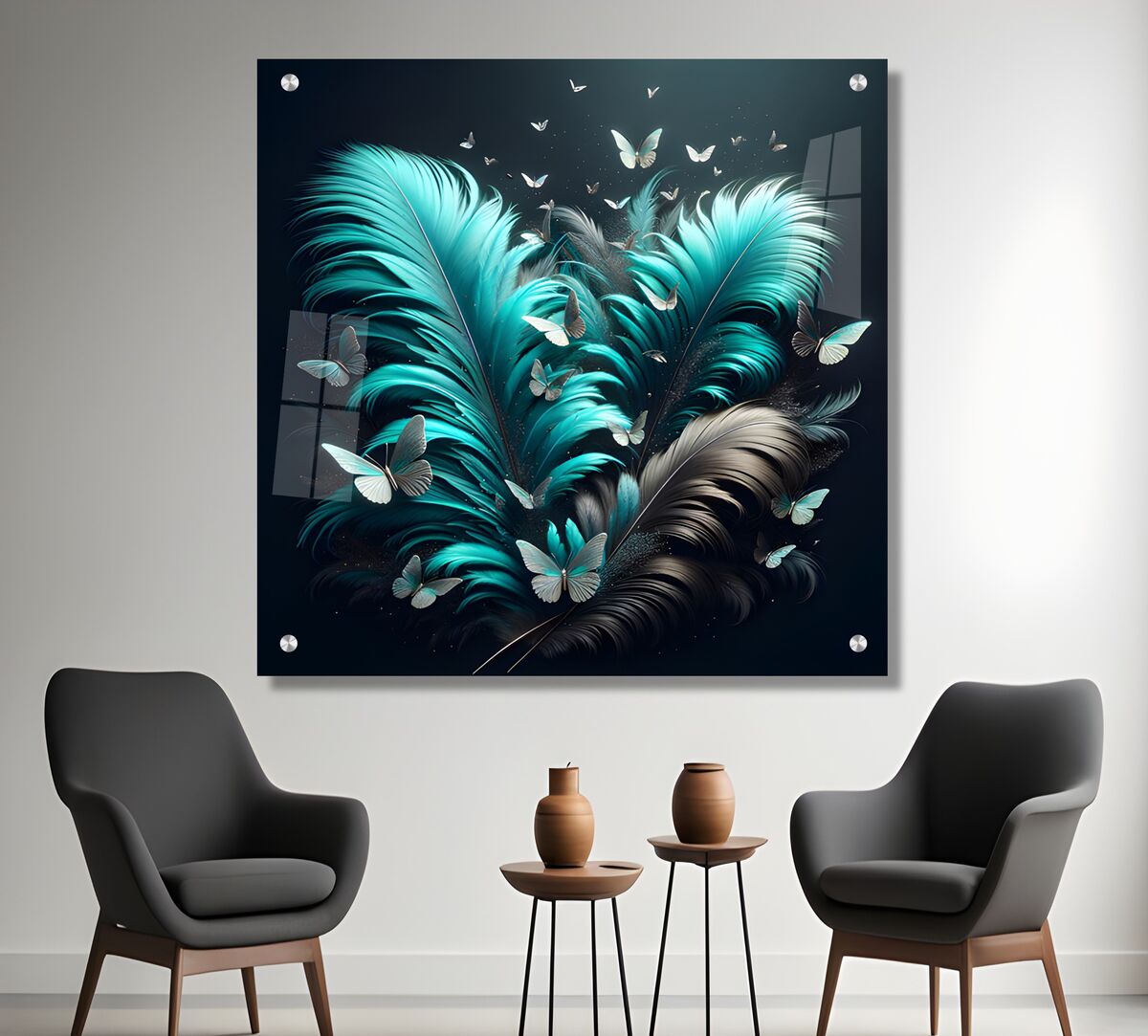 תמונת זכוכית פרפרים ונוצות