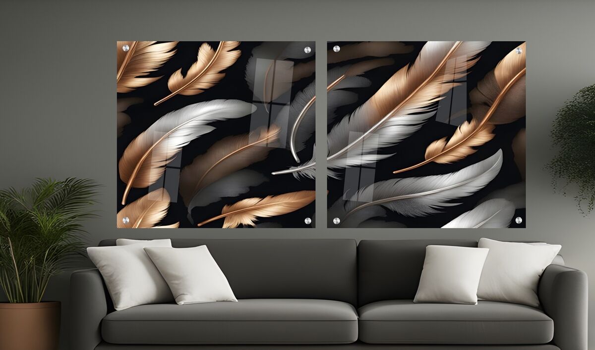 סט תמונות זכוכית - נוצות בגווני זהב וכסף