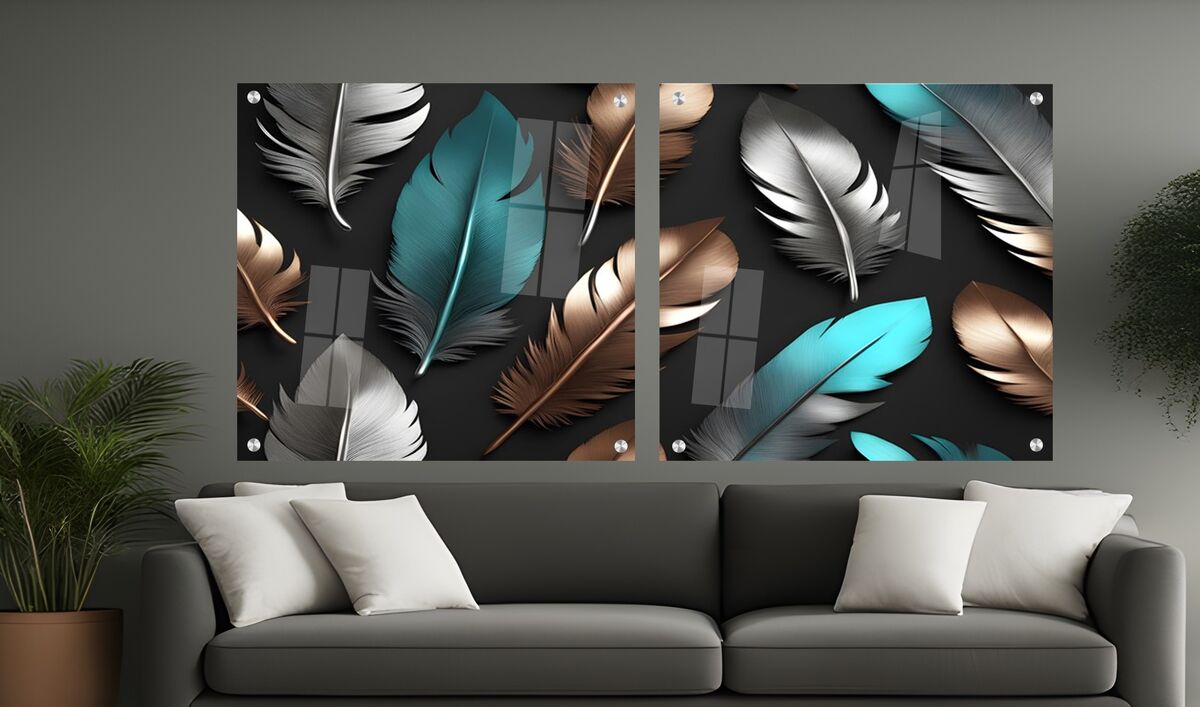 סט תמונות זכוכית - נוצות בגוונים יוקרתיים ומרגיעים