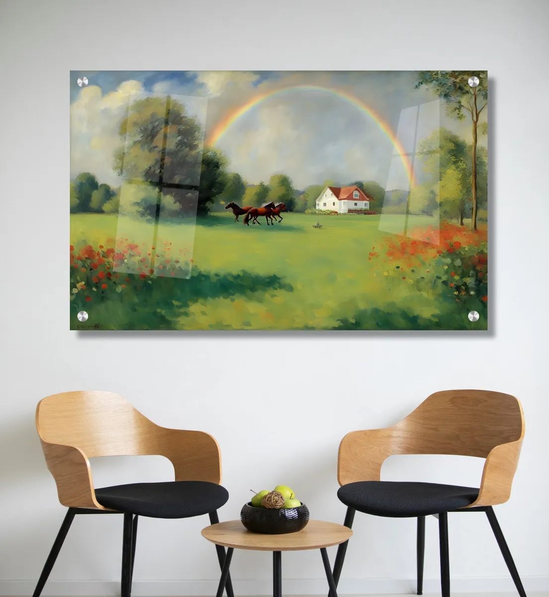 תמונת זכוכית מרהיבה לסלון ולמשרד הסוסים בשדה