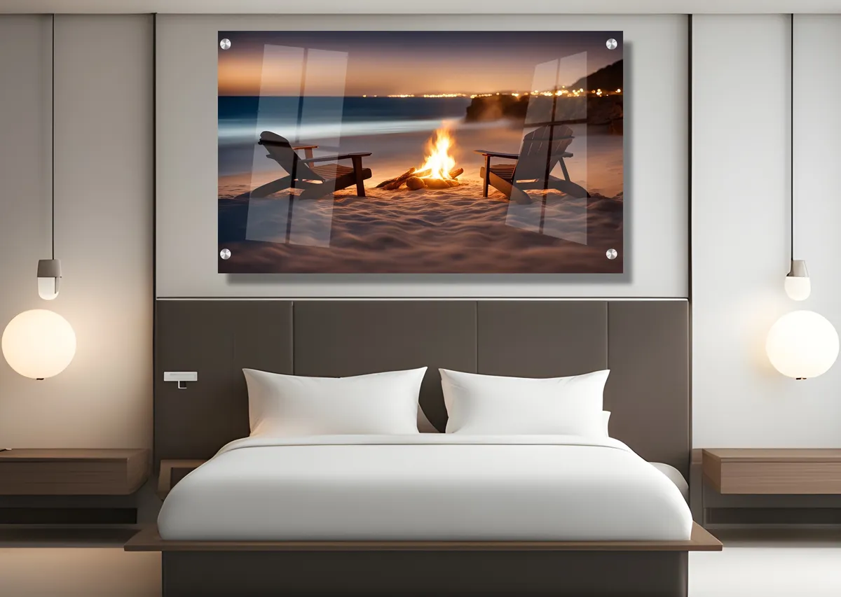 תמונת זכוכית מרהיבה לסלון ולמשרד מדורה בחוף