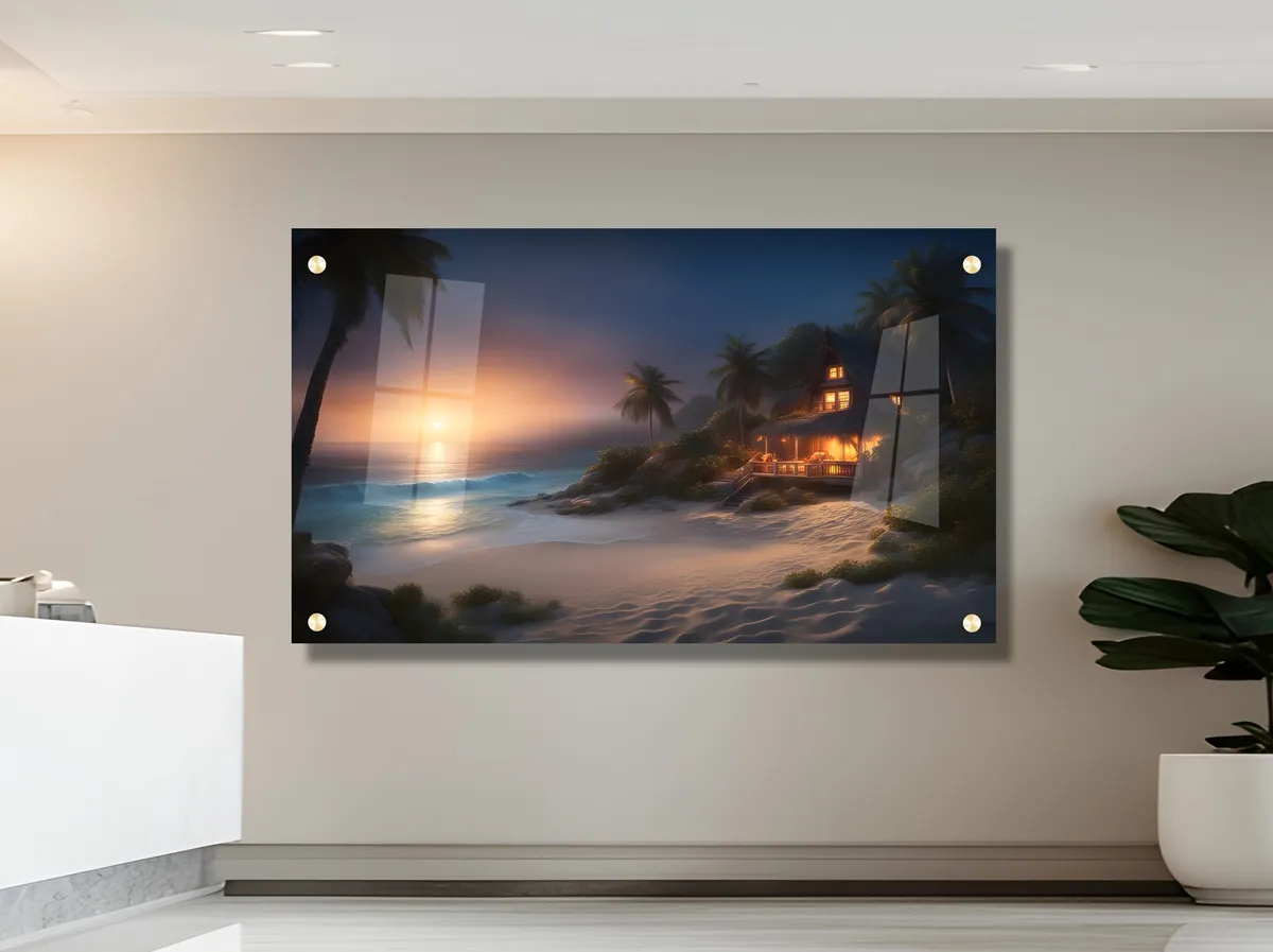 תמונת זכוכית שקיעה לילית קסומה על החוף