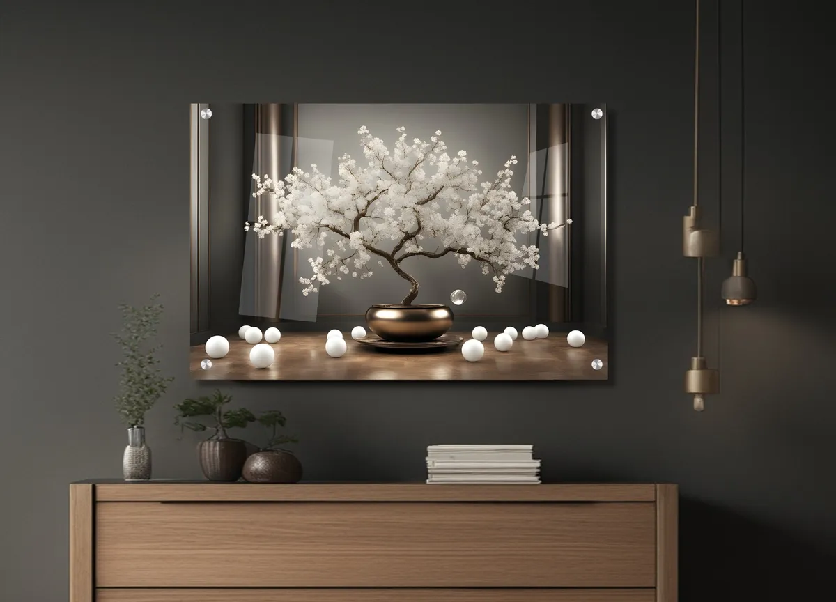 תמונת זכוכית יוקרתית - "פריחה לבנה"