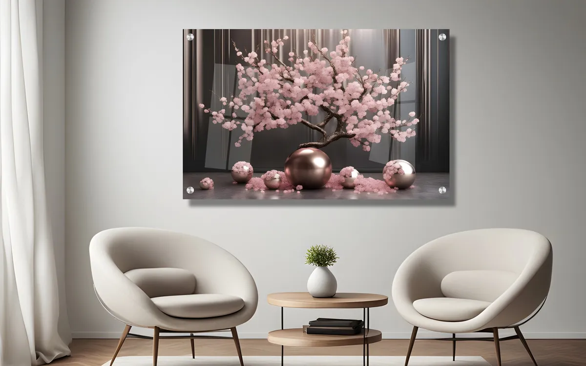 "פריחה ורודה ומוזהבת" -תמונת זכוכית