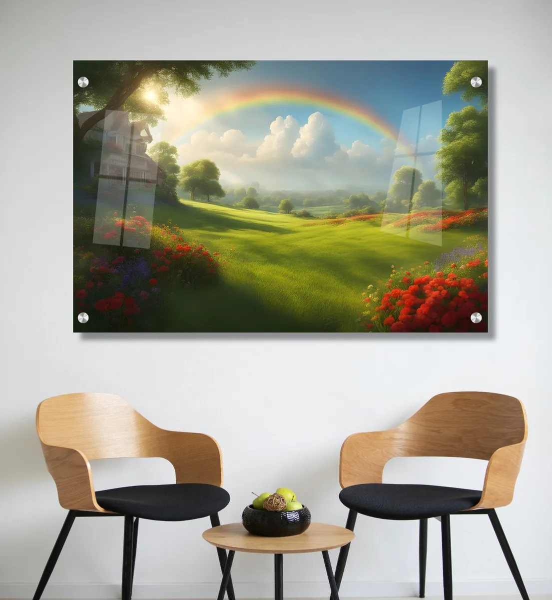 תמונת זכוכית כפרית - קשת פסטורלית. זכוכית באיכות HD