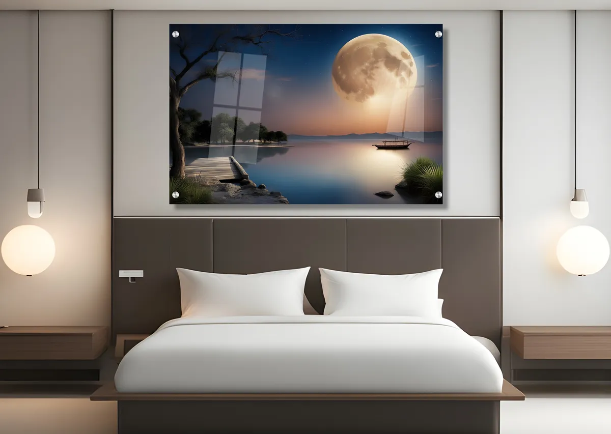 תמונת זכוכית מרהיבה לסלון ולמשרד הירח והאגם