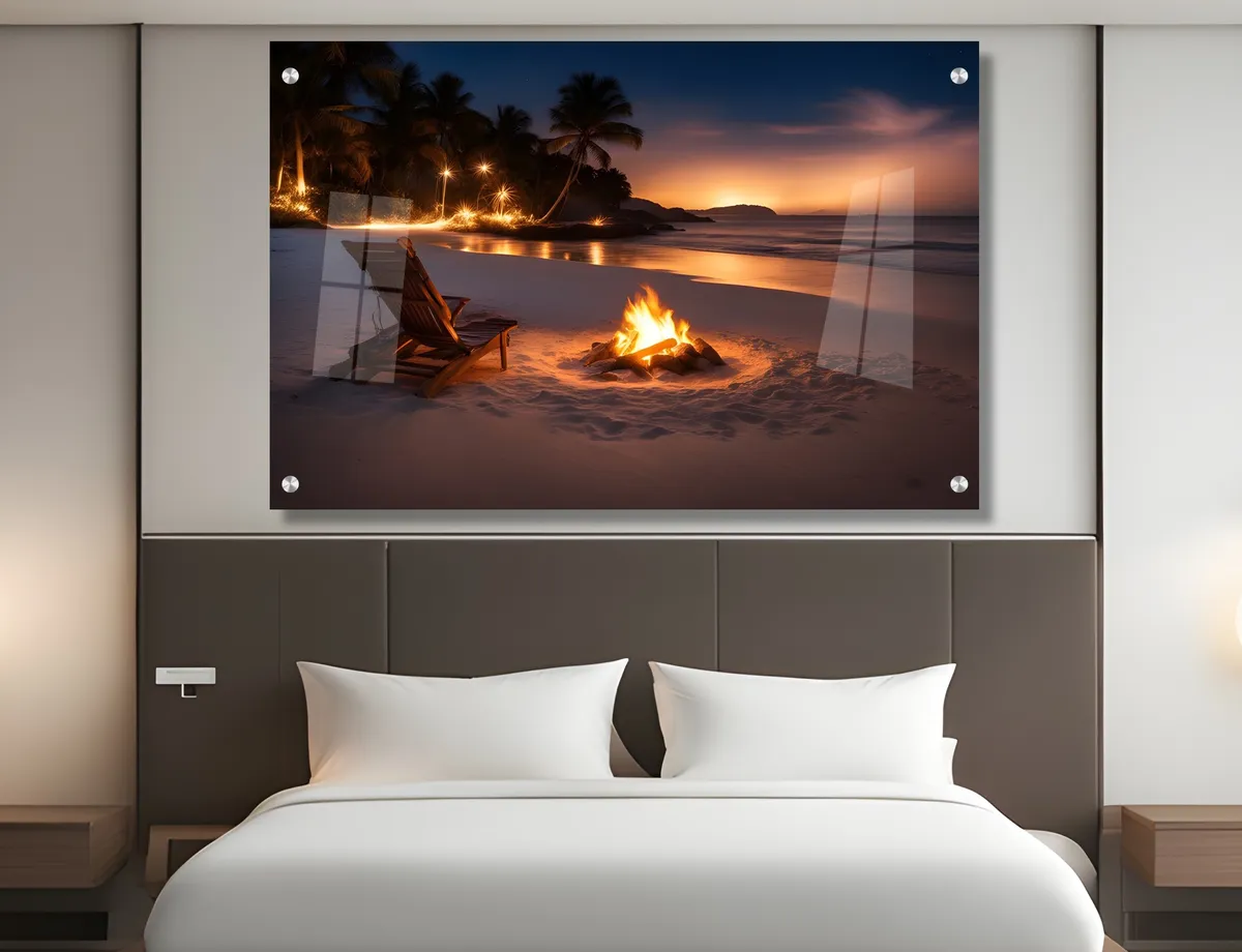 תמונת זכוכית מרהיבה לסלון ולמשרד מדורה על החוף