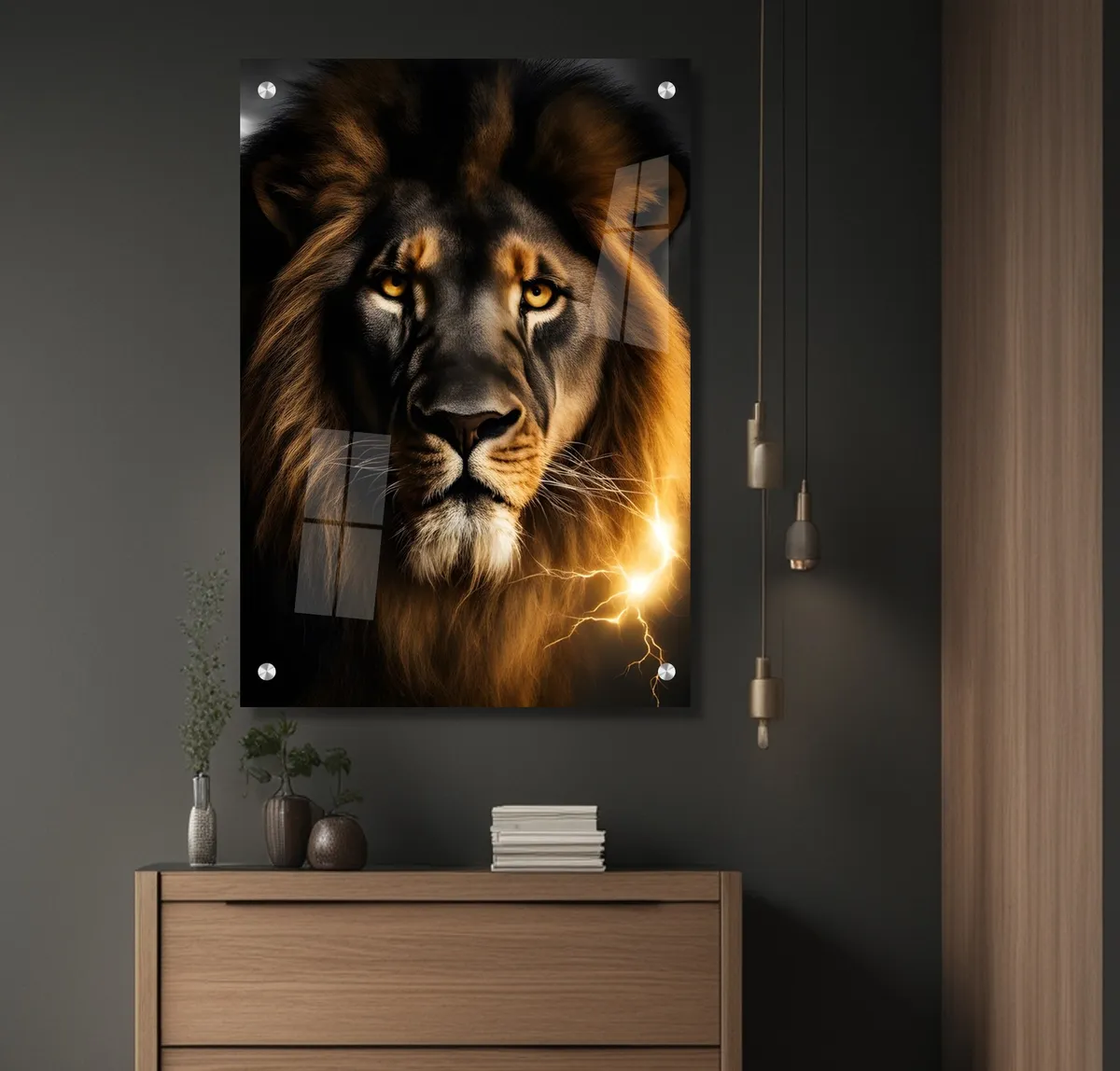 תמונת זכוכית מרהיבה לסלון ולמשרד האריה מלך החיות