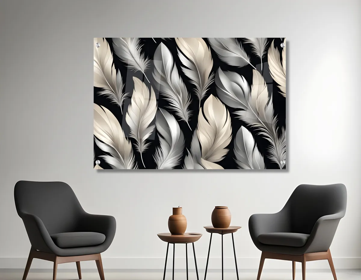 תמונת זכוכית נוצות בגווני קרם וכסוף - הדפסה על זכוכית