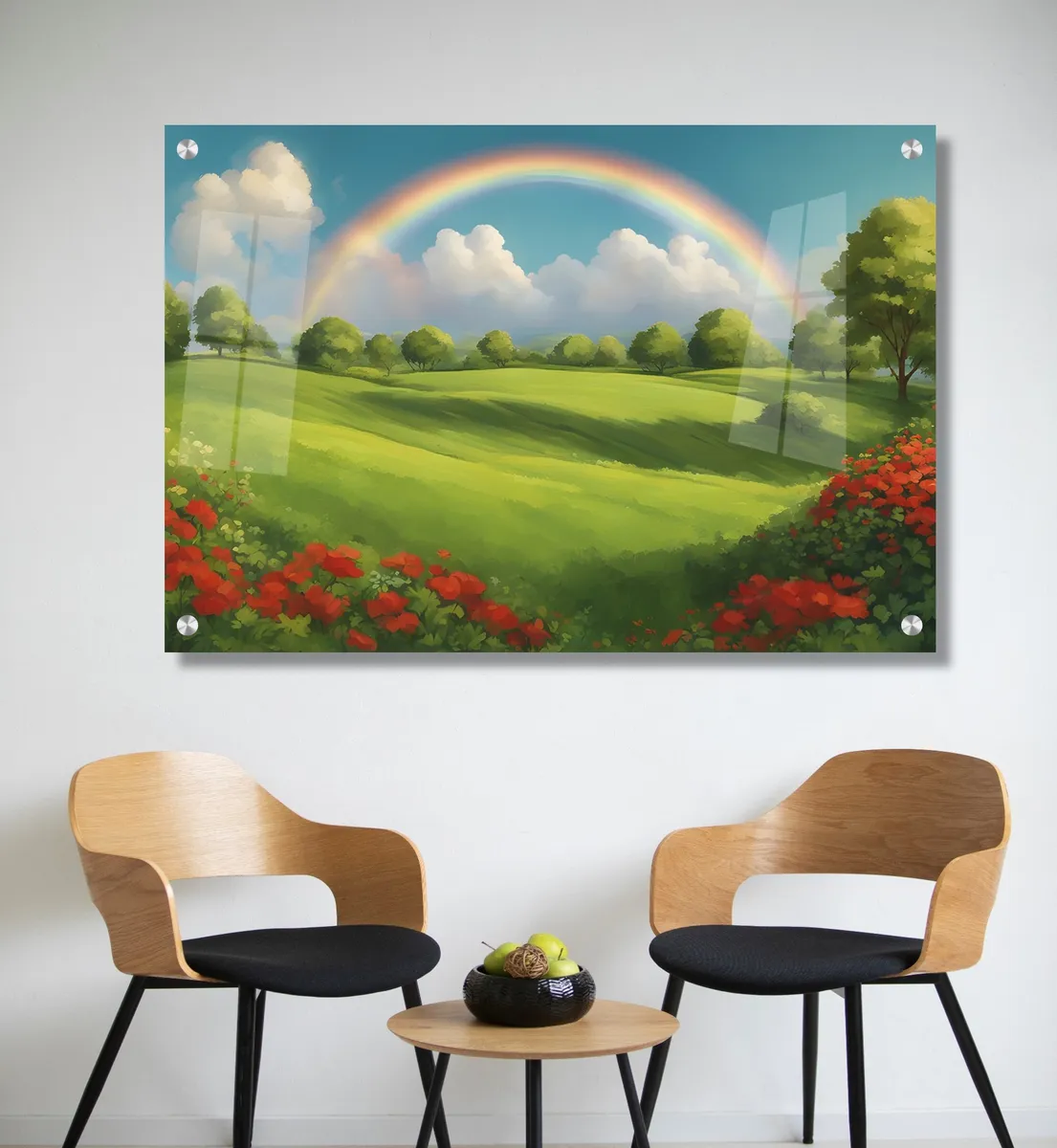 קשת בענן מעל השדה - תמונה פסטורלית מזכוכית