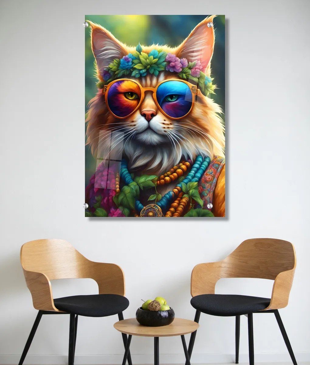 תמונת זכוכית מרהיבה לסלון ולמשרד החתול הצבעוני