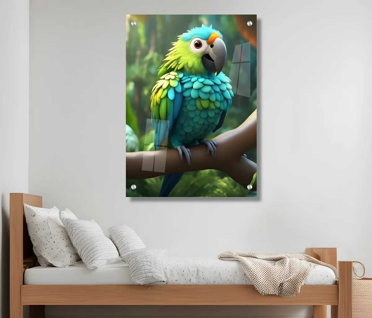 תמונת זכוכית לחדר ילדים - תוכי צבעוני איכות HD