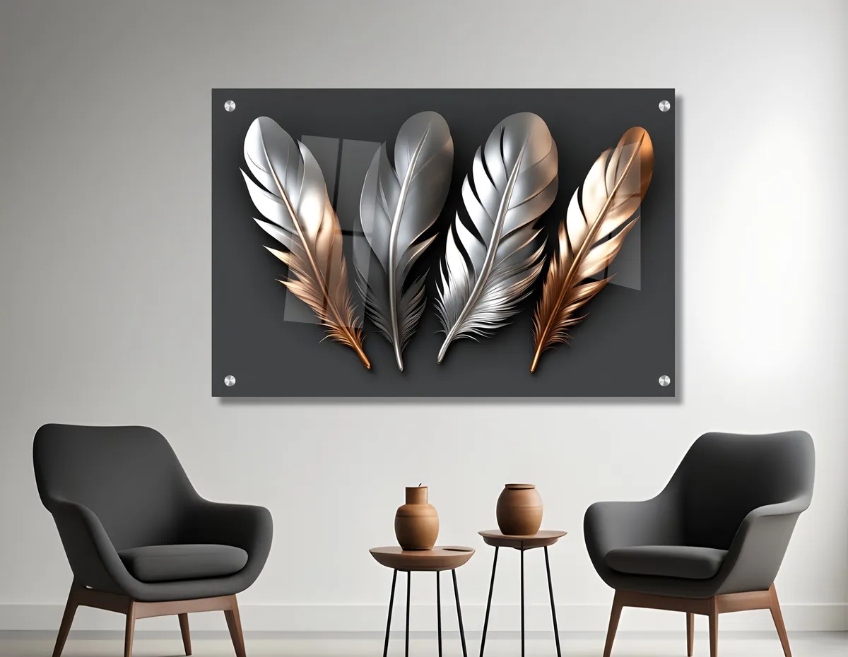 תמונת זכוכית בסגנון תלת מימד -"נוצות בגווני זהב וכסף"