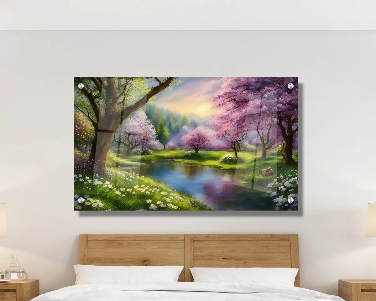 אגם של אביב - תמונת זכוכית מדהימה לבית ולמשרד