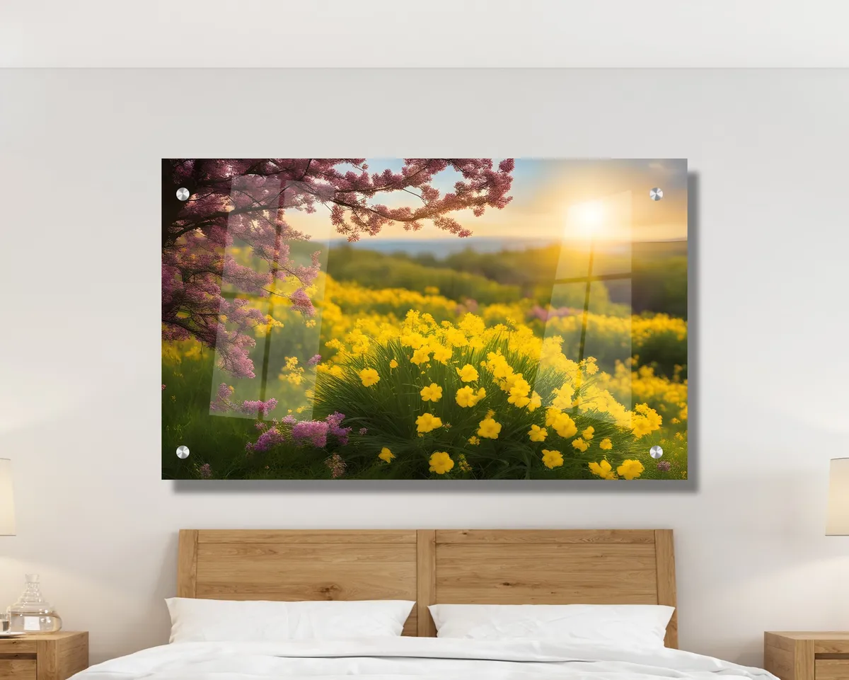 "בוקר בשדה פרחים" - תמונת זכוכית מרהיבה לסלון ולמשרד