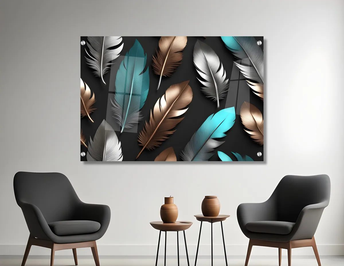 תמונת זכוכית נוצות בגוונים מהממים על רקע שחור