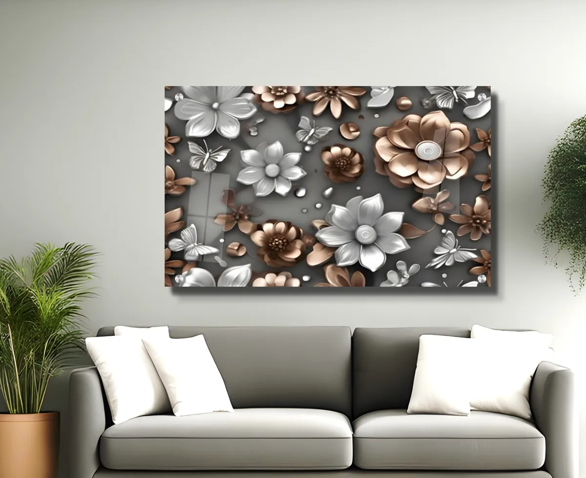 תמונת זכוכית פרחי אביב כסופים ומוזהבים