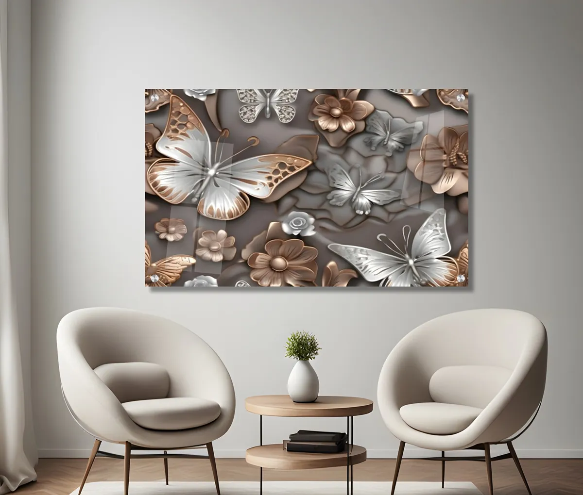 פרפרים מוזהבים ברקע פריחה כסופה תמונת זכוכית