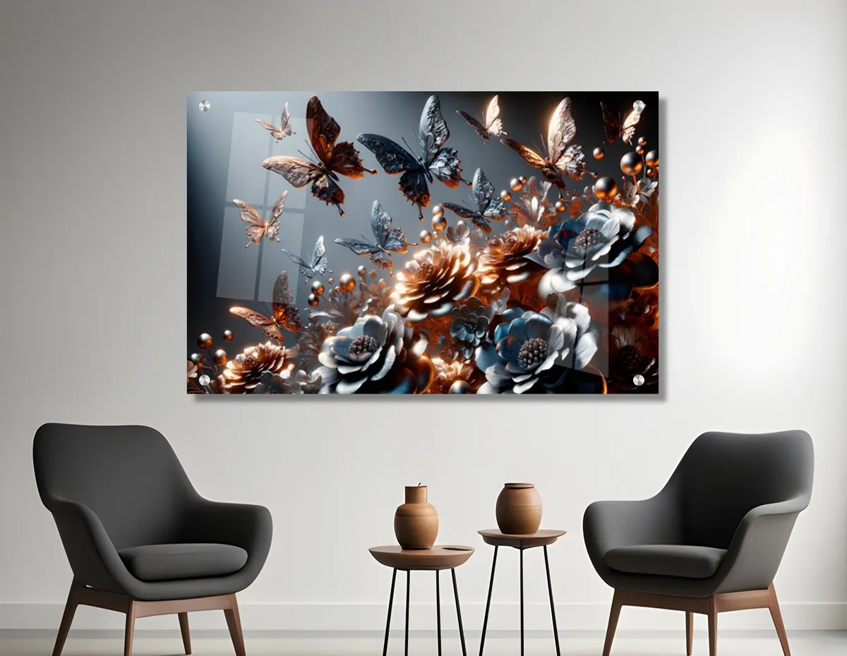 תמונת זכוכית "לילה זוהר" - פרחים ופרפרים בגווני זהב-שחור