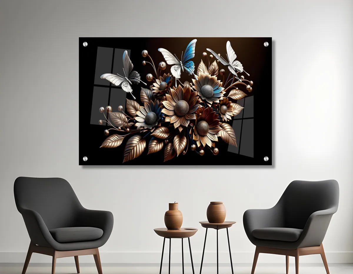 תמונת זכוכית "פרפרים ופרחים" בתלת מימד על רקע לילה בגוון שחור מבריק