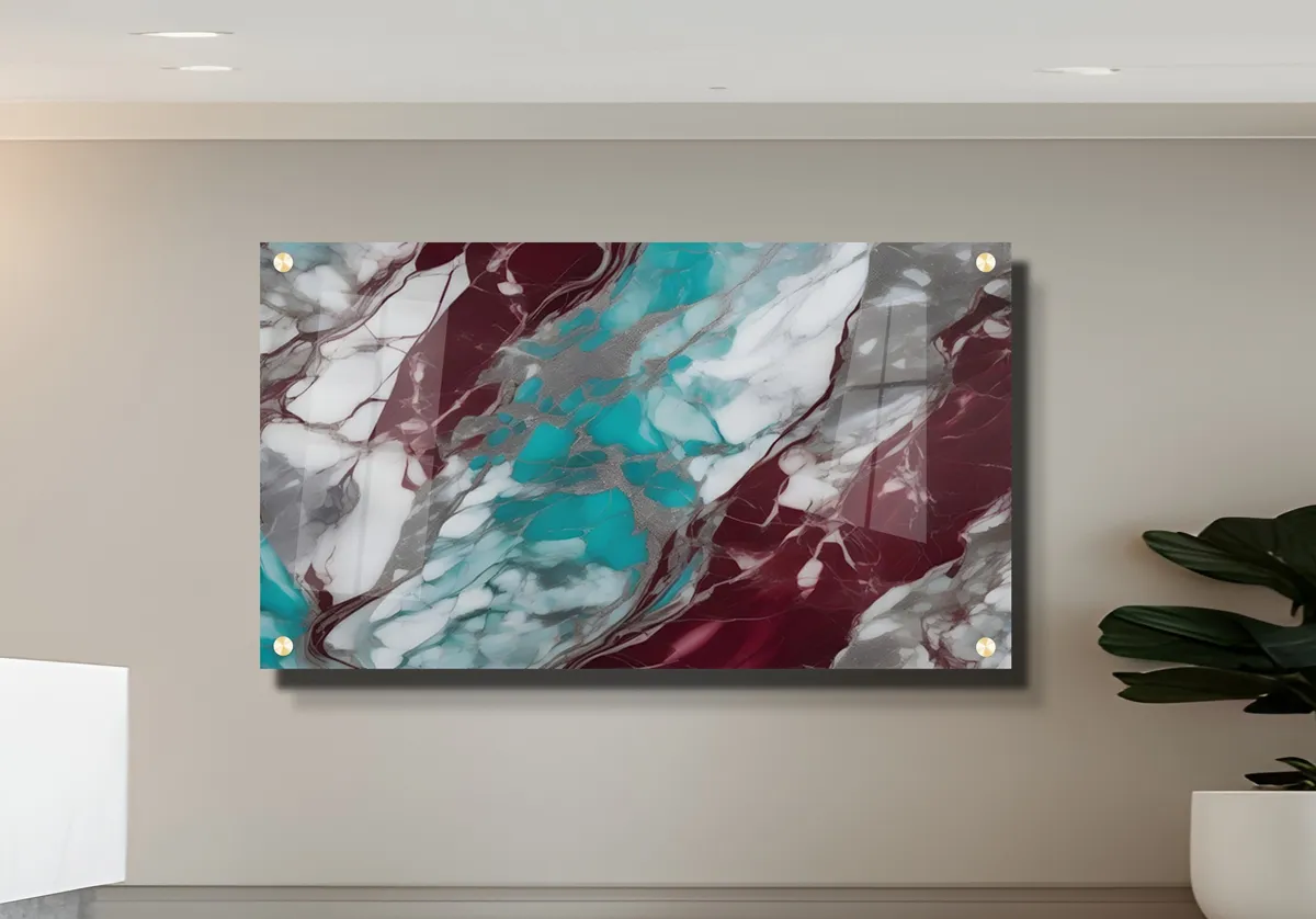 תמונת זכוכית של שיש מבריק בגווני טורקיז ובורדו