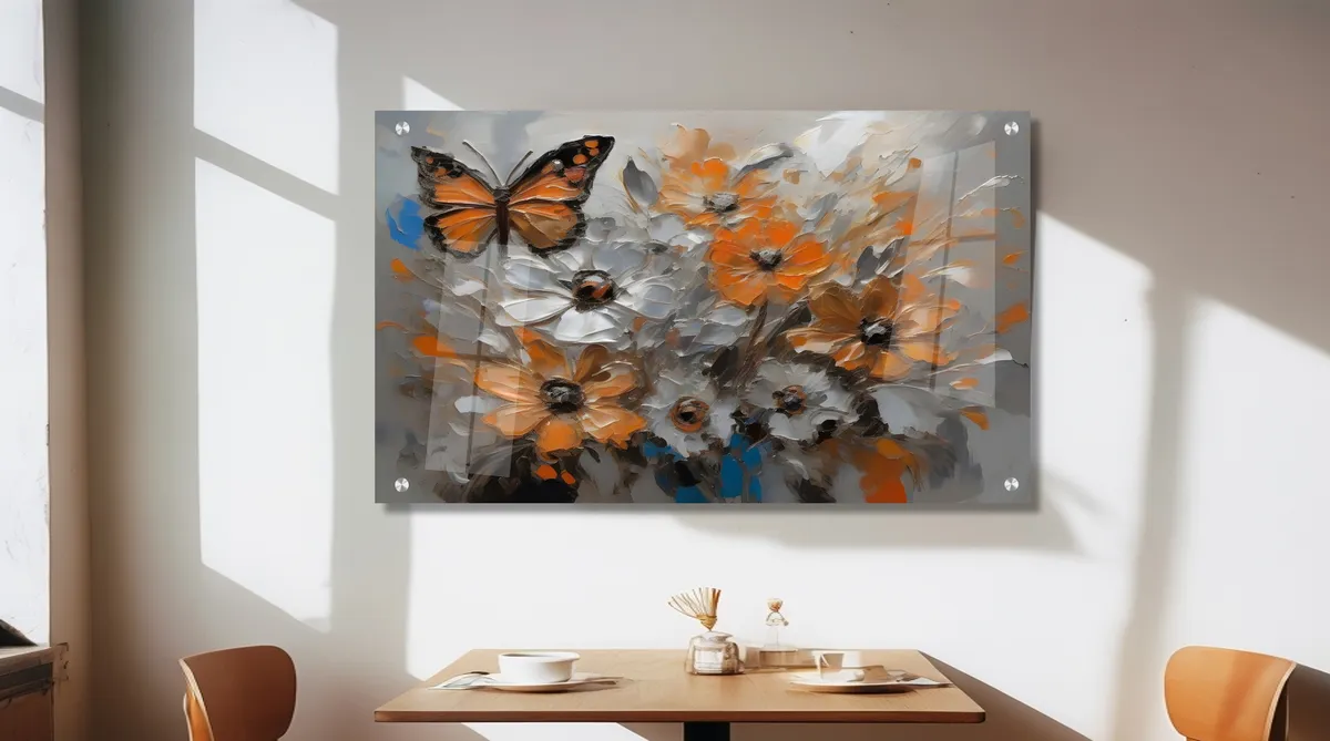 תמונת זכוכית נוסטלגית פרפרים ופרחים