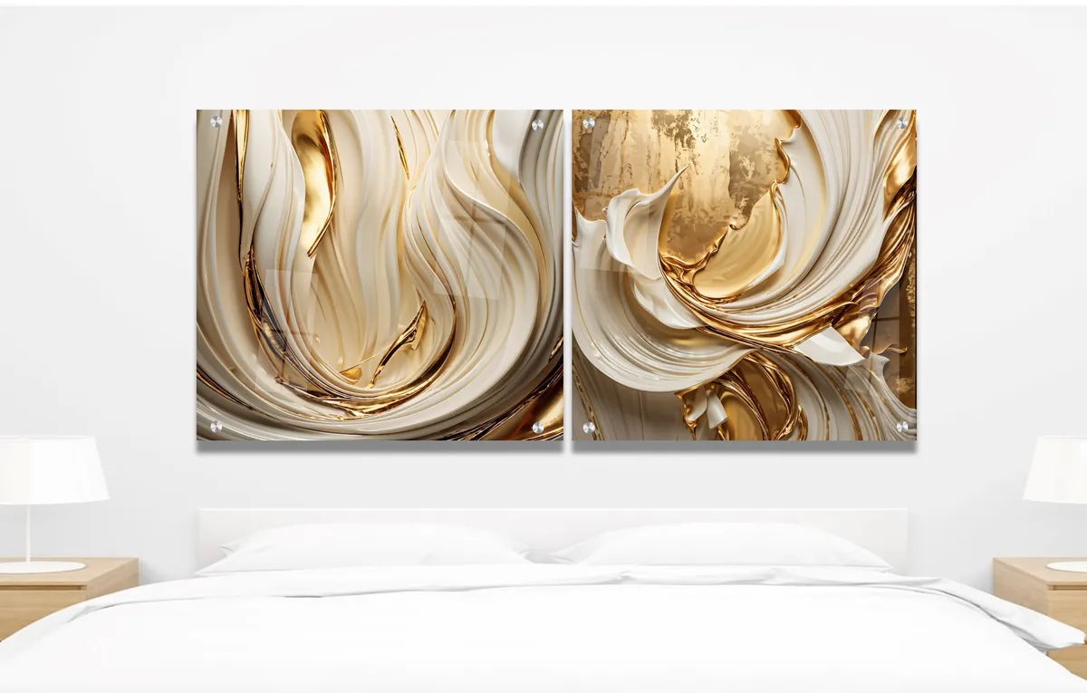 סט 2 תמונות זכוכית – אבסטרקט זרימה מוזהבת