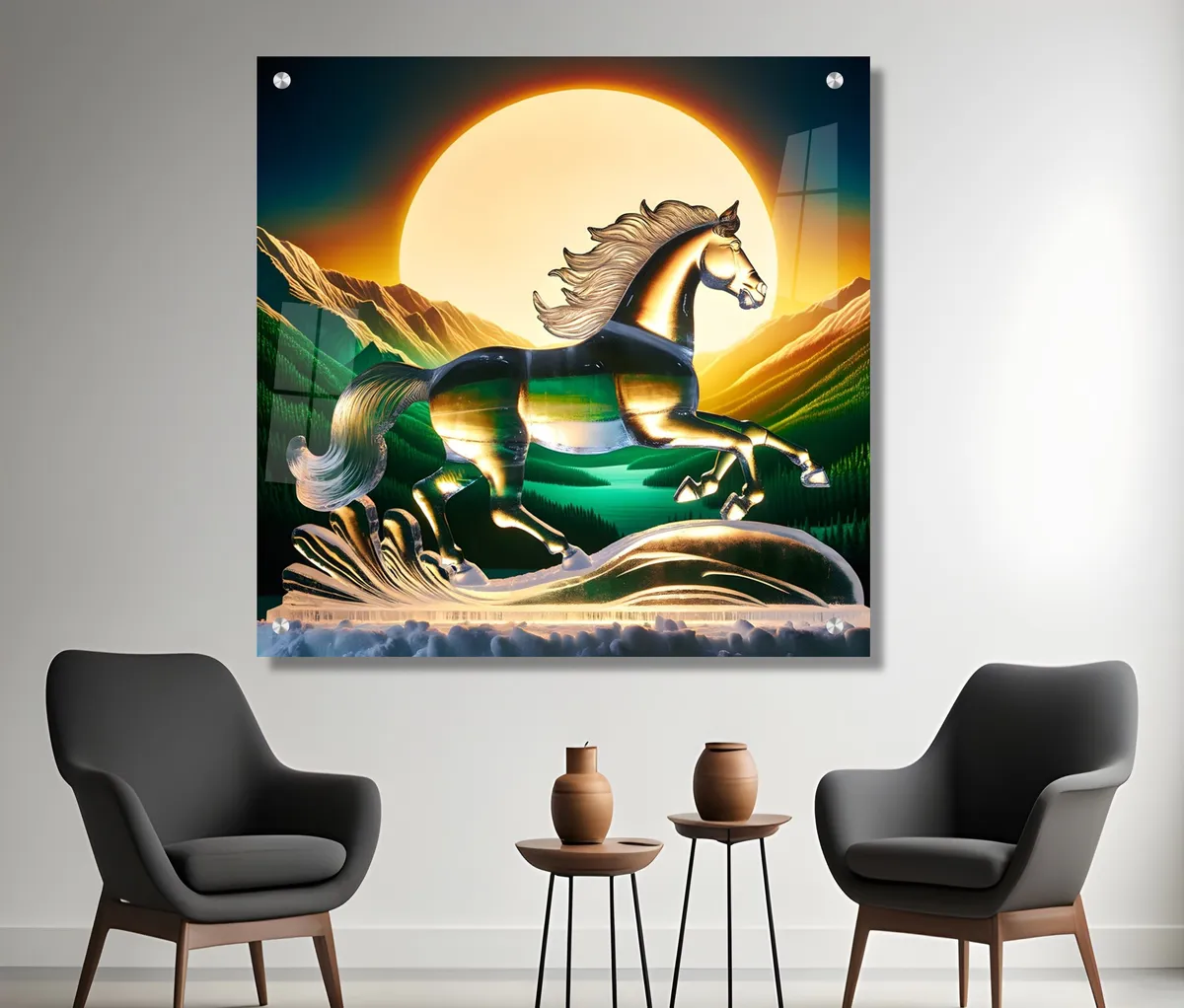 תמונת זכוכית מרהיבה לסלון ולמשרד הסוס הדוהר