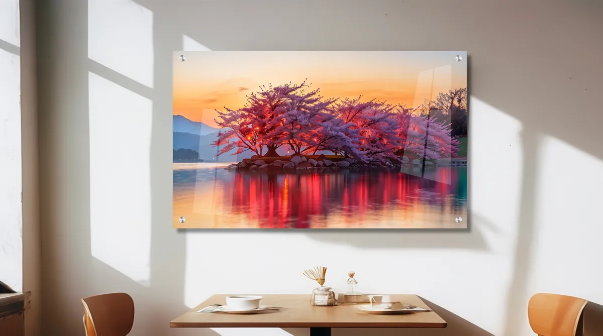 תמונת זכוכית מרהיבה לסלון ולמשרד "פריחה על האגם"