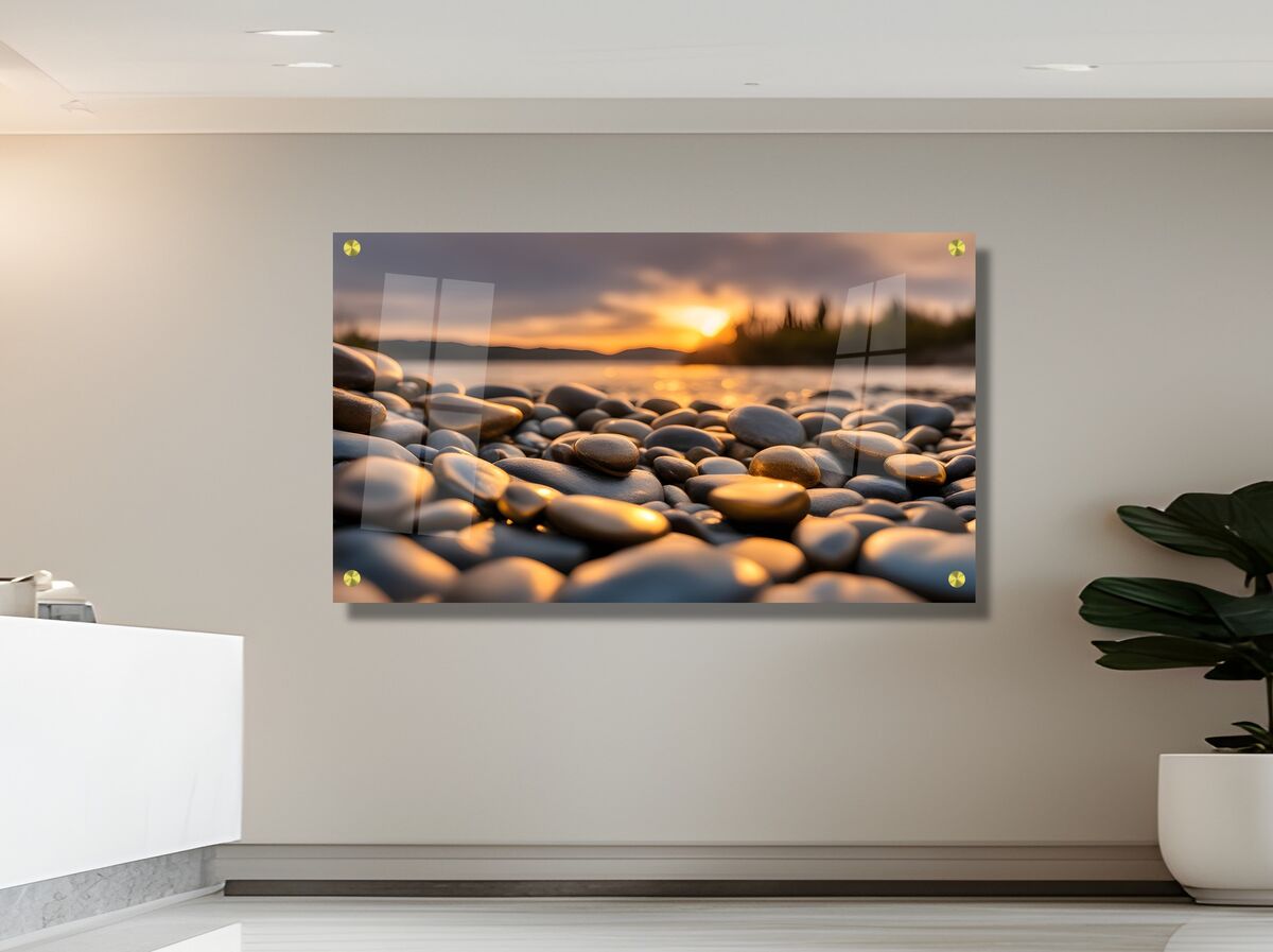 תמונת זכוכית מרהיבה לסלון ולמשרד חלוקי נחל צבעוניים