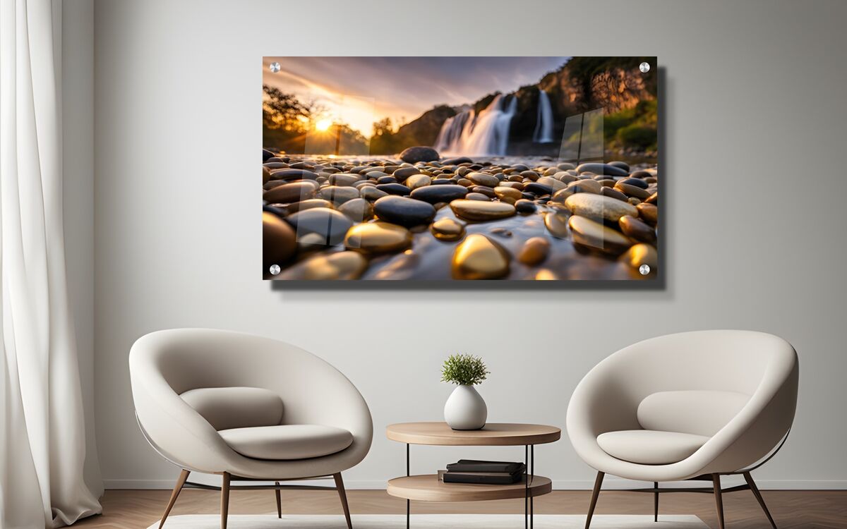 תמונת זכוכית מרהיבה לסלון ולמשרד חלוקי נחל צבעוניים