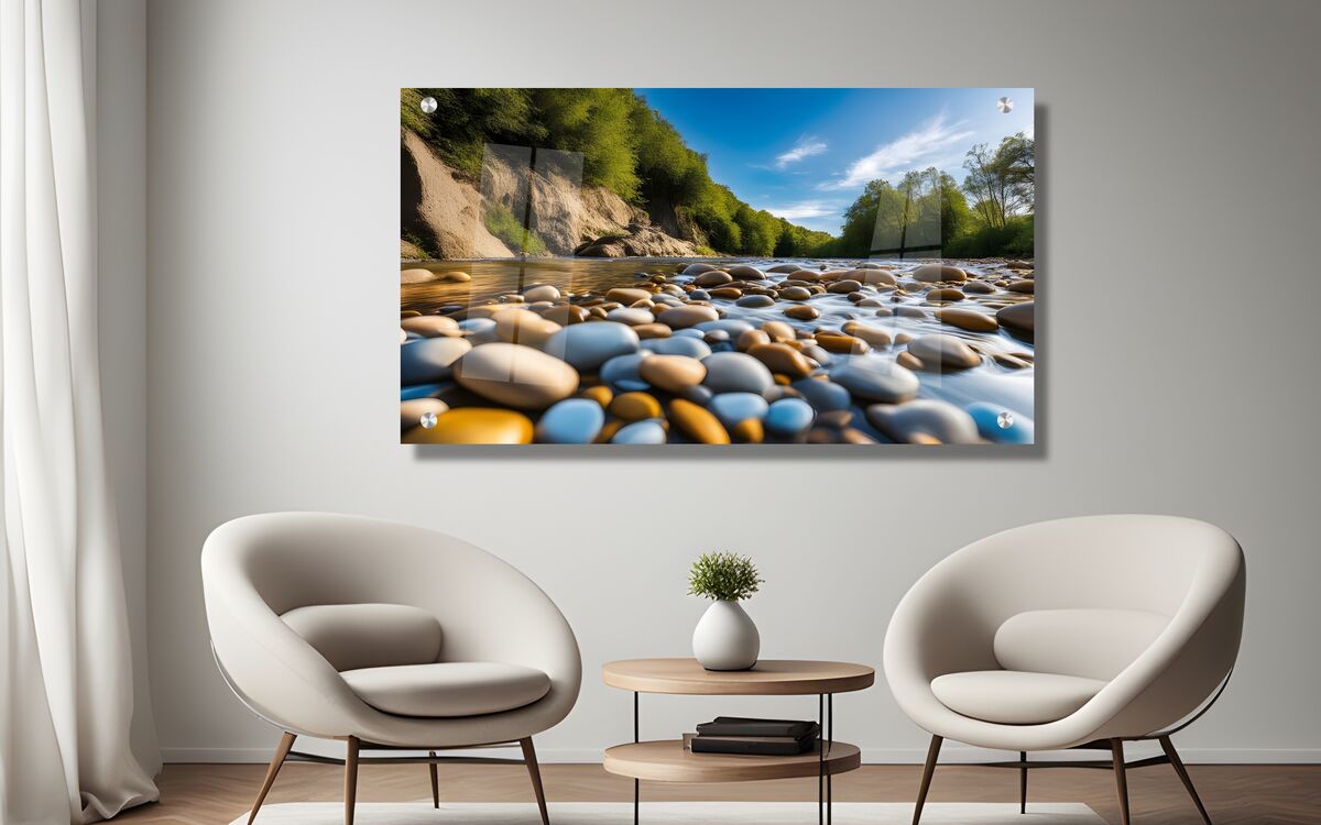 תמונת זכוכית מרהיבה לסלון ולמשרד חלוקי נחל צבעוניים