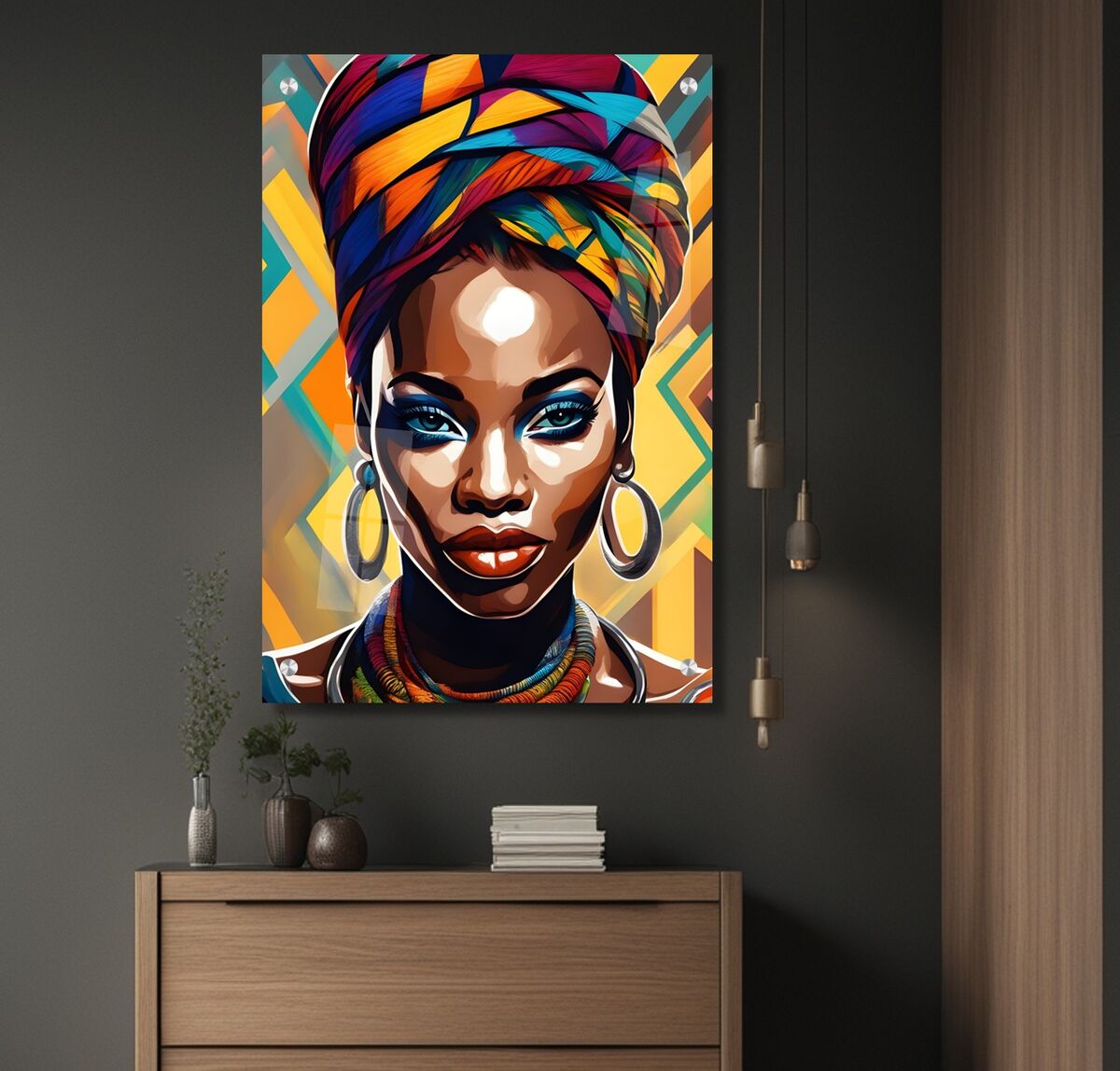 תמונת זכוכית מרהיבה לסלון ולמשרד אישה אפריקאית עם עגילים