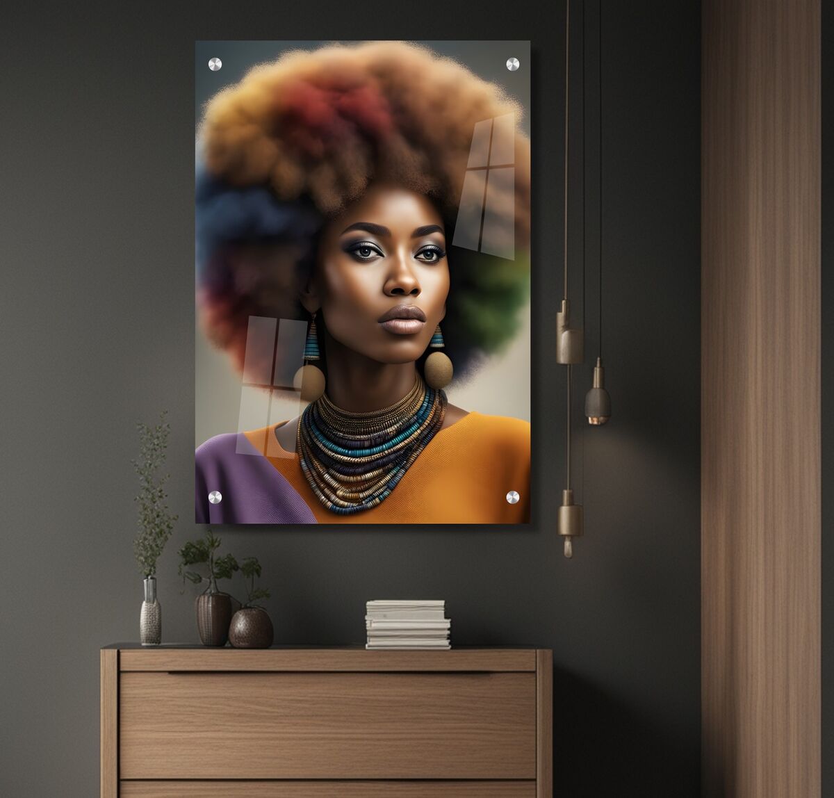 תמונת זכוכית מרהיבה לסלון ולמשרד אישה אפריקאית עם תכשיטים