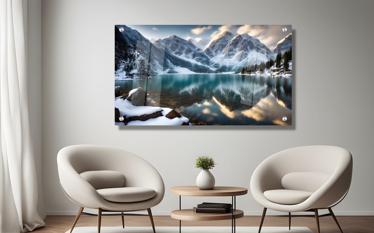 תמונת זכוכית מרהיבה לסלון ולמשרד האגם והנוף המושלג