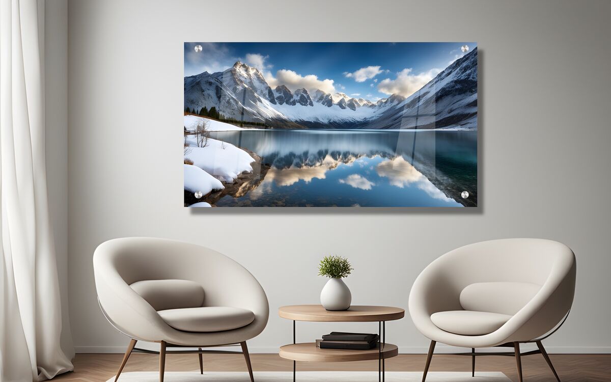 תמונת זכוכית מרהיבה לסלון ולמשרד האגם והרי השלג