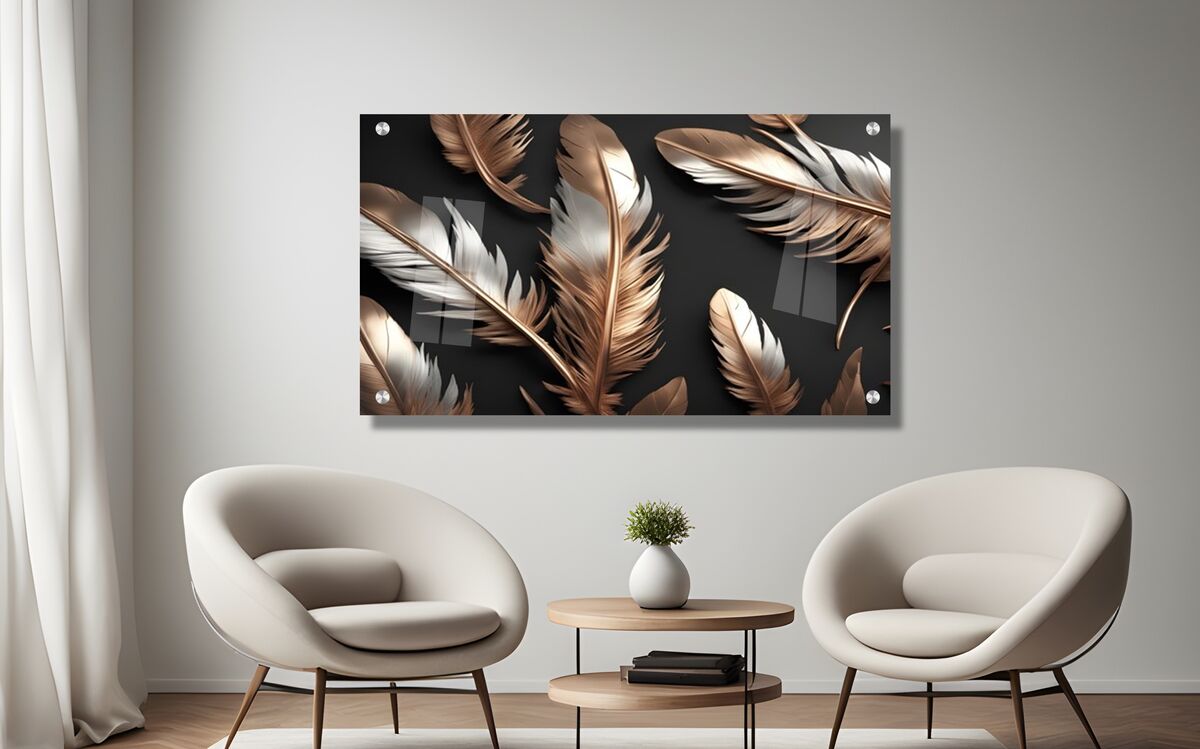 תמונת זכוכית נוצות על רקע שחור מבריק - הדפסה על זכוכית