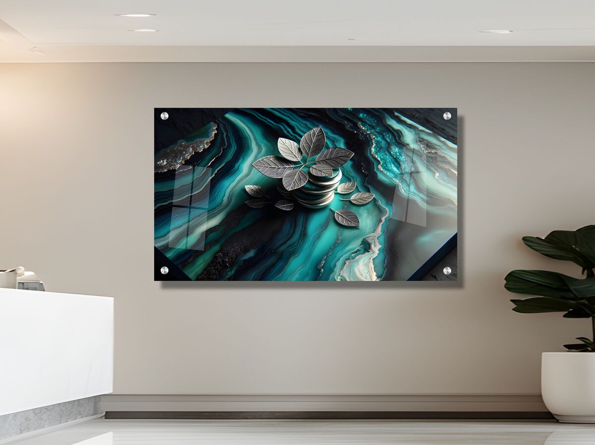 תמונת זכוכית מרהיבה לסלון ולמשרד עלי שלכת ומים