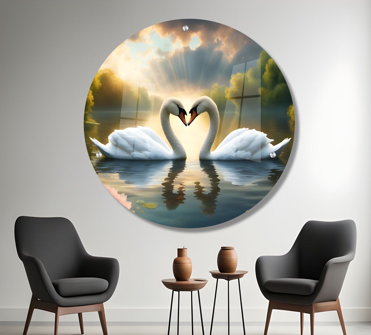 זוג ברבורים - תמונת זכוכית עגולה