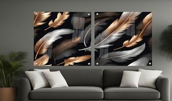 סט תמונות זכוכית - נוצות בגווני זהב וכסף