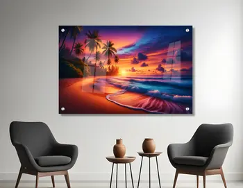 שקיעה ורודה על החוף - תמונת זכוכית