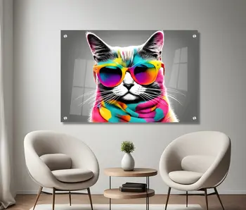 תמונת זכוכית מרהיבה לסלון ולמשרד "חתול עם משקפיים"