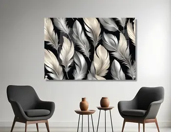 תמונת זכוכית נוצות בגווני קרם וכסוף - הדפסה על זכוכית