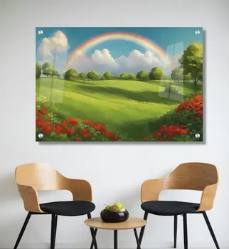 קשת בענן מעל השדה - תמונה פסטורלית מזכוכית