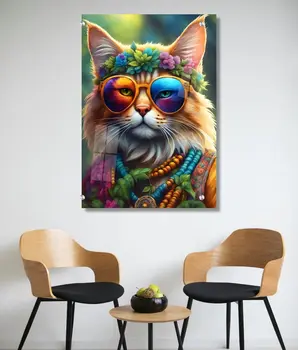 תמונת זכוכית מרהיבה לסלון ולמשרד החתול הצבעוני