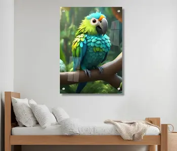 תמונת זכוכית לחדר ילדים - תוכי צבעוני איכות HD