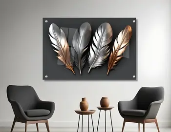 תמונת זכוכית בסגנון תלת מימד -"נוצות בגווני זהב וכסף"