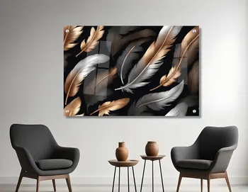 תמונת זכוכית תלת מימד נוצות בגווני כסף וזהב עדין