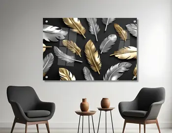 תמונת זכוכית תלת מימד נוצות בגווני זהב וכסף ברקע שחור